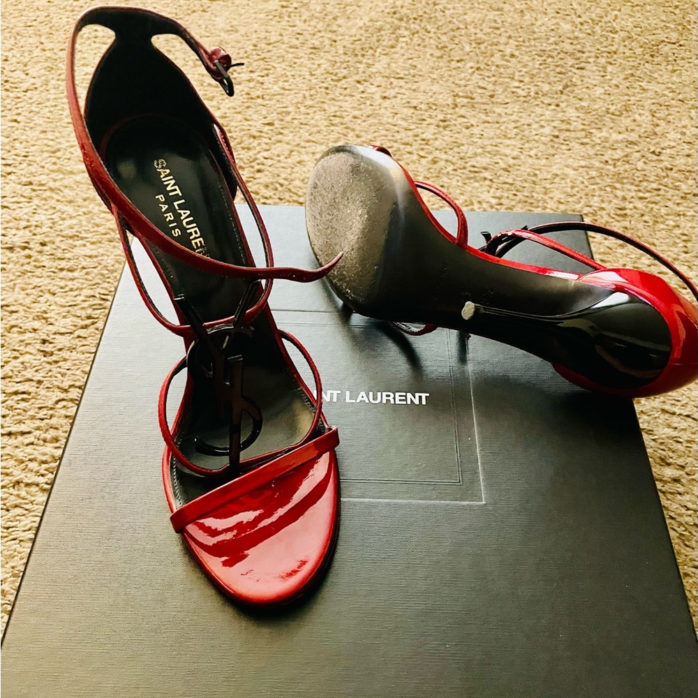Yves Saint Laurent Red Patent Leather Strappy Heels - Picture 7 of 16
